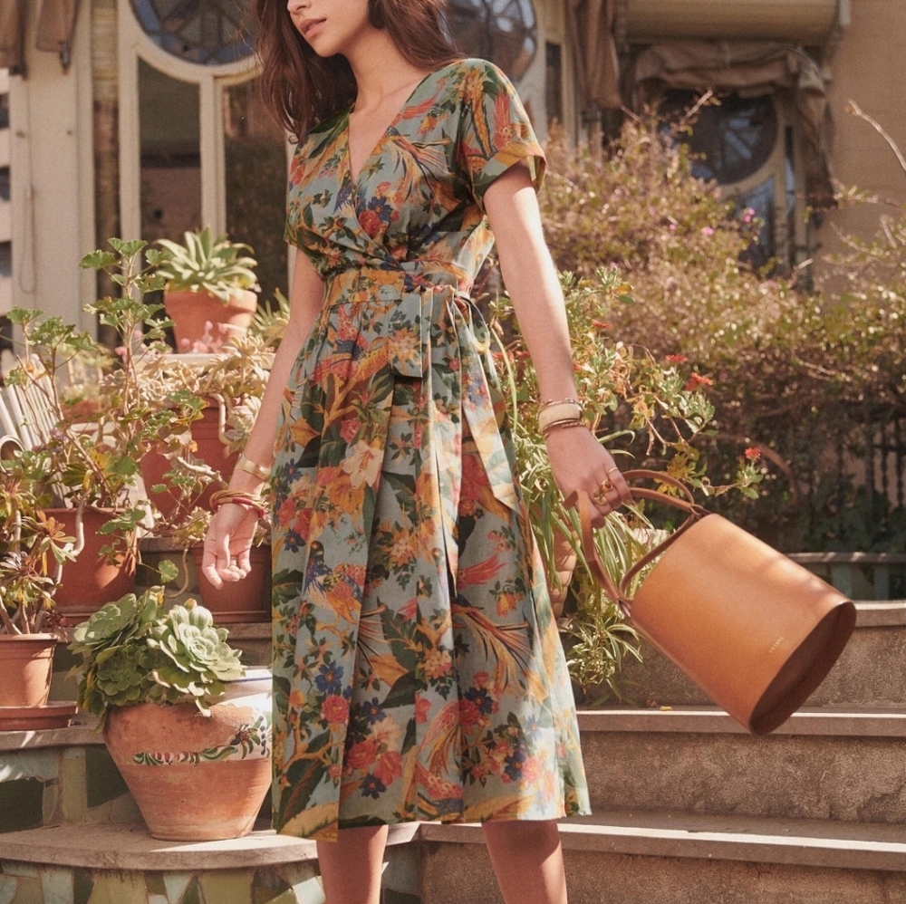 Sezane Marielle dress in printed birds